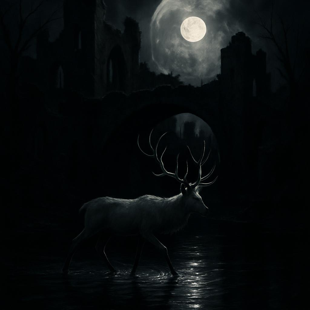 A dreamy illustration of a majestic deer standing in a moonlit lake, its antlers silhouetted against the radiant full moon...